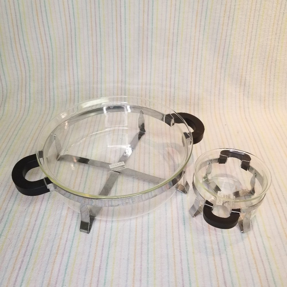 Vintage Bodem Glassware Casserole Dishes Pair w/ Handled Metal Stands